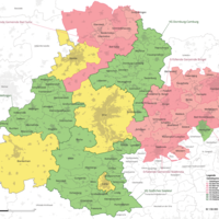 Stadt-Umland-Karte von Jena, die im Zentrum die Stadt Jena zeigt sowie die umliegenden Gemeinden